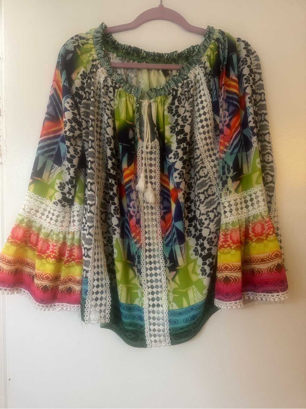 Alberto Makali Multicolor Floral Boho Blouse with Green Accents
